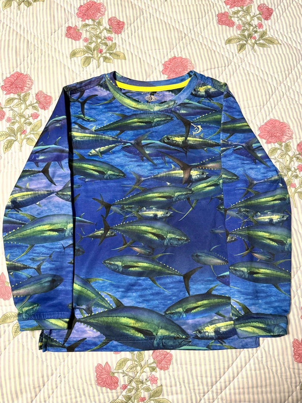Kids REEL LEGENDS Blue and Green Fish Print Long Sleeve Performance Shirt